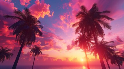 A beautiful sunset over the ocean with palm trees in the background