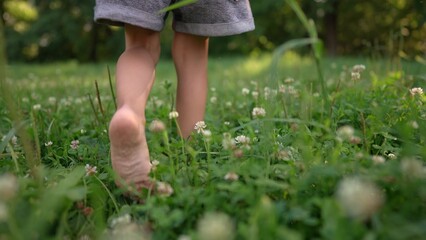little girl walks on the grass barefoot in the park. happy family kid dream concept. bare feet close-up walks on the grass in summer lifestyle child. daughter walks barefoot on the grass in the park
