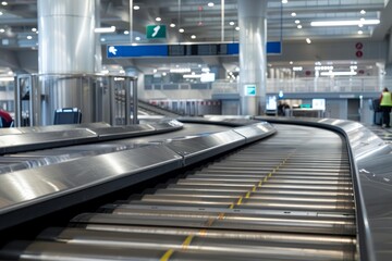Empty baggage claim conveyor belt is winding through an airport terminal