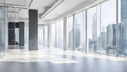 A large, empty office space with a view of the city