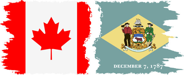 Delaware and Canada grunge brush flags connection, vector