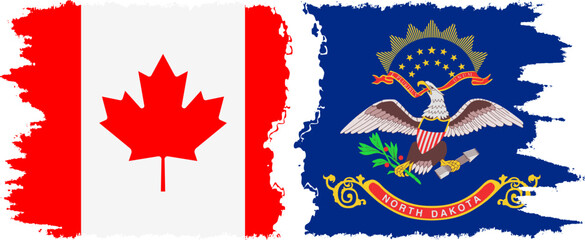 North Dakota and Canada grunge brush flags connection, vector