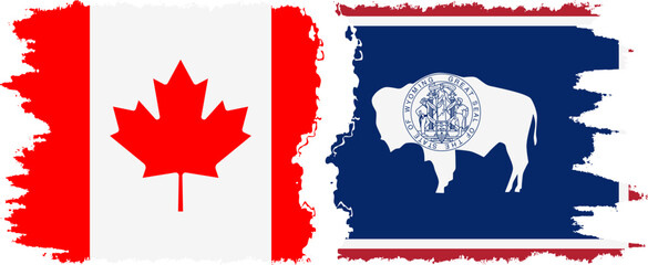 Wyoming and Canada grunge brush flags connection, vector