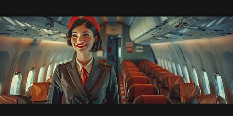 Smiling flight attendant in an airplane.