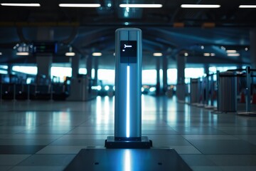 Modern futuristic self service check in machine is illuminating empty airport terminal floor