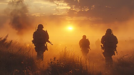 Group of warfare soldiers moving forward.