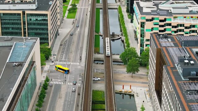 Aerial drone view of the Orestad railway station in Copenhagen, Denmark