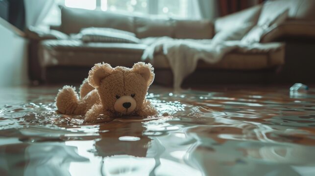 living room with a flooded floor, featuring a sofa, houseplants. unexpected home disaster. deluge and flood. toy, bear
