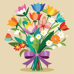 Silhouette spring flower bouquet tied with ribbon colorFull | Trendy line art drawing of a romantic rose flower for logos and invitations