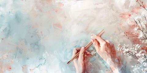 Obraz premium Hands holding chopsticks on abstract background.