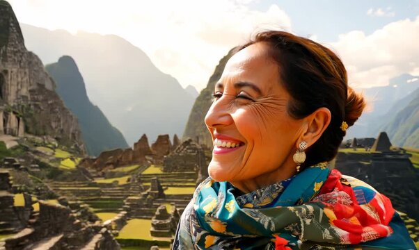 Lifestyle portrait video of a grinning woman in her 40s that is wearing a foulard at the Machu Picchu in Cusco Region Peru