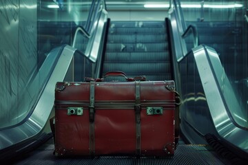 Old red suitcase sits abandoned on an empty moving walkway in an airport, evoking a sense of mystery and intrigue