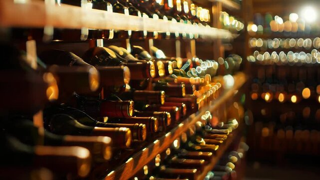 A myriad of bottles in the traditional rustic wine cellar underground.