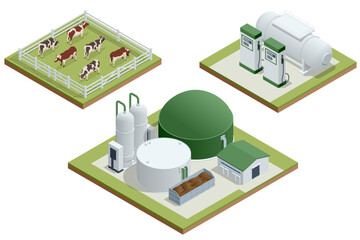 Isometric Modern biogas plant Biogas is an environmentally friendly clean, and cheap combustible gas produced from livestock manure and agricultural waste by microorganisms in an anaerobic environment