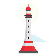 White and red lighthouse under bright sky with soft blue clouds