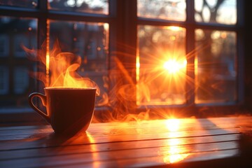 Close up of hot steaming coffee cup on wooden table with bright warm morning light shining through window in background. Relaxing cozy home morning concept. Isolated on orange background.