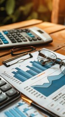 Calculators, charts, and glasses are arranged on a wooden desk for financial analysis