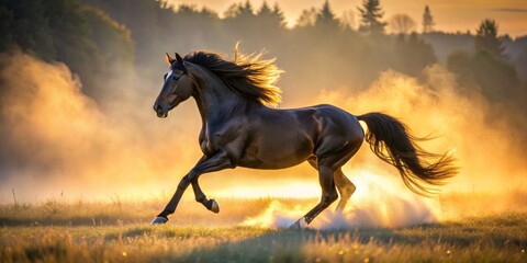 A powerful black Warmblood horse canters freely through a misty morning field, its flowing mane and tail illuminated by the warm golden light of sunrise.