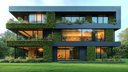 Contemporary eco-friendly building with green walls and modern glass facade, sustainable architecture
