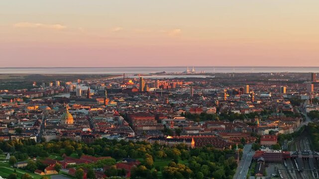 Aerial drone view of Amalienborg Palace, Frederik's Church and the city centre of Copenhagen, Denmark