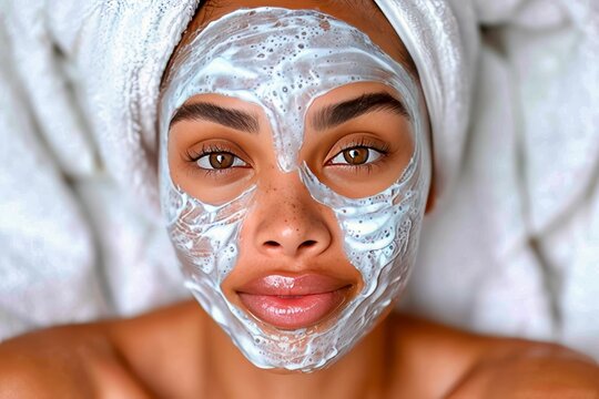 A young woman with flawless skin is wearing a white facial mask and has a white towel wrapped around her head, exuding a sense of relaxation and tranquility in a spa setting.