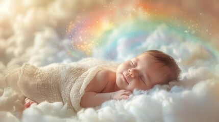 A cute newborn sleeping, wrapped in a white cloth. Lying on fluffy clouds with a rainbow as the background