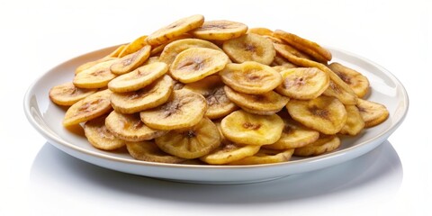 Freshly baked banana chips are beautifully arranged in a circular pattern on a clean white plate against a pristine white background, enticingly presented.