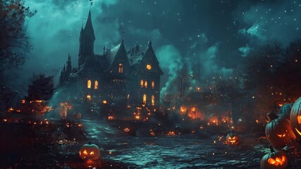 Spooky halloween night at the enchanted haunted house with glowing pumpkins - Powered by Adobe