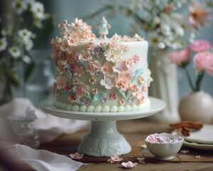 Fototapeta premium A vintage-inspired cake with delicate floral piping, soft pastel colors, and a retro cake topper, evoking a sense of nostalgia and charm