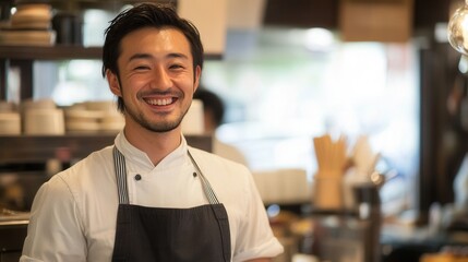 Japanese male service worker in a busy cafe serving customers with a friendly smile and uniform