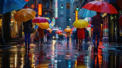 Naklejka premium Classic 1950s street scene with people holding colorful umbrellas, vibrant storefronts reflecting on wet pavement, nostalgic rainy day charm