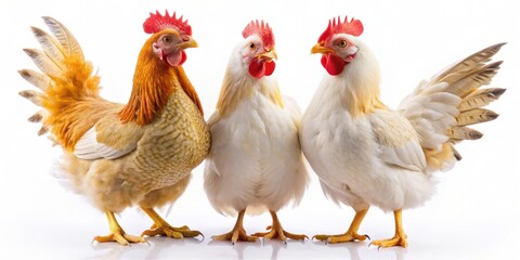 Fototapeta premium Adorable chickens showcase their unique personalities, standing proudly, pecking at the ground, and flapping their wings in various poses against a clean white background.