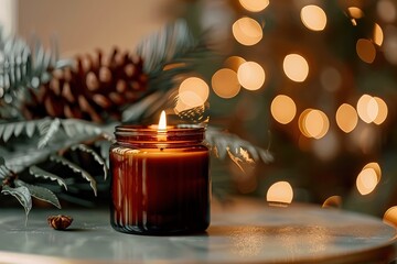 A cozy candle is surrounded by pine cones with Christmas lights, creating a warm festive atmosphere