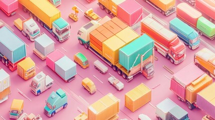 Cargo transport in import-export logistics flat design top view navigation theme 3D render colored pastel