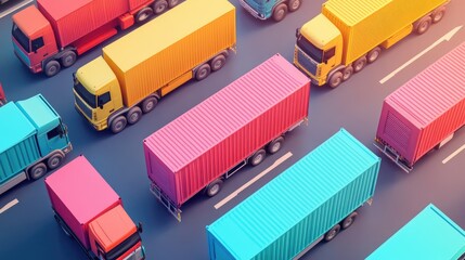 Cargo transport in import-export logistics flat design top view navigation theme 3D render colored pastel