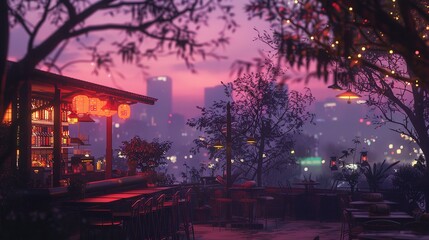 Panorama of the city during sunset in purple-pink shades