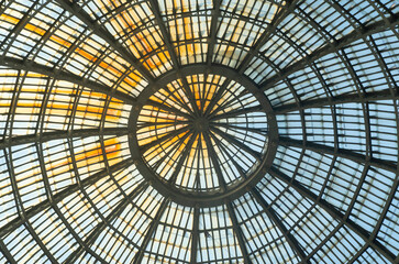 Big glass Dome of Galleria Umberto I in Naples, Italy. Detail of glass roof