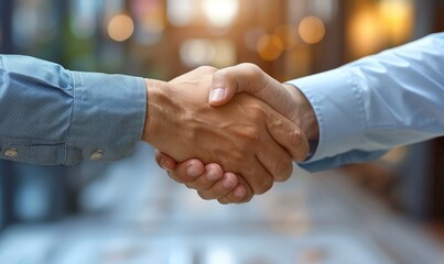 A businessman shaking hands with a client in a bright, airy office space 