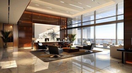 A spacious office lobby features sleek furniture, large windows, and city views, creating a welcoming atmosphere for visitors
