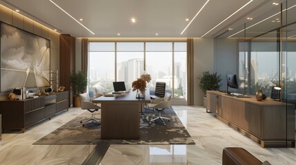 Obraz premium A sleek office features a large desk, comfortable chairs, and expansive city views through tall windows