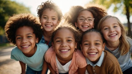 Laughing group of diverse kids in outdoor park with copy space for promotional banner, back to school, fun happy multiethnic. 