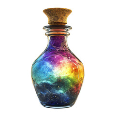 A whimsical glass bottle filled with a vibrant, swirling galaxy of colors, evoking mystery and wonder.