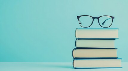 Stack of books and glasses positioned on a flat table surface with pastel blue wallpaper background