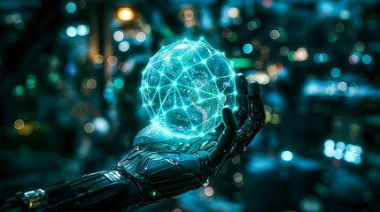 Black robotic hand holds digital sphere, a glowing green network of interconnected lines and dots, symbolizing global data, connectivity, and technological advancement