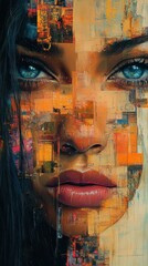 Abstract digital art of woman's face blended with colorful geometric patterns, showcasing artistic creativity and modern surrealism.