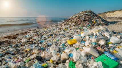 A beach with large piles of washed-up plastic debris and other waste