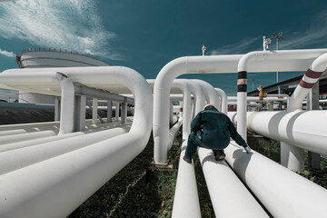 Male worker inspection ultrasonic thickness at steel long pipes and pipe elbow in station oil factory during refinery valve of visual