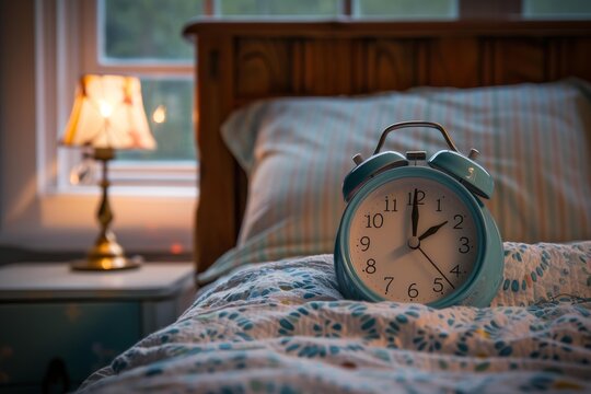 Alarm clock is showing almost seven o'clock as it sits on a bed with a lit lamp on the nightstand in the background