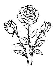 rose flower and leaf drawing illustration on white backgrounds. Flower icon. Set of decorative rose silhouettes. Vector rose isolated on white