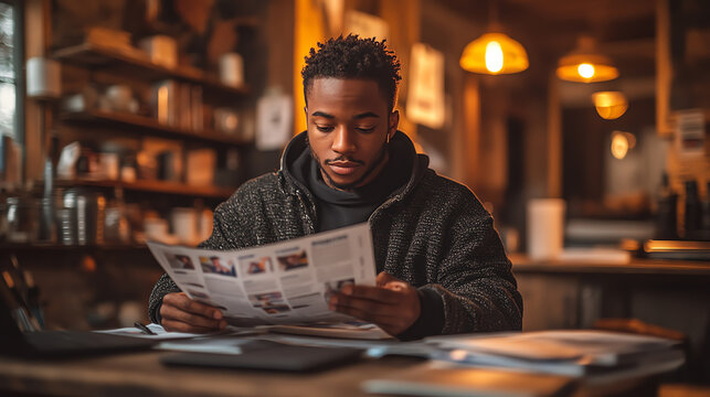 A focused man reading a newspaper in a cozy cafe, surrounded by warm lighting and a relaxed atmosphere.